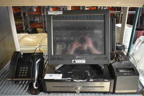 ALL ONE MONEY! Lot of NCR 15" POS Monitor, NCR Model 7197-6001-9001 Receipt Printer, SmartPower Uninterruptible Power Supply, Metal Cash Drawer, Barcode Scanner and Telephone!