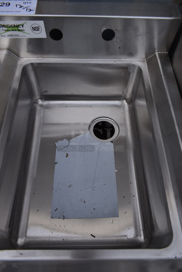 BRAND NEW SCRATCH AND DENT! Regency 600B11014 Stainless Steel Commercial Single Bay Sink w/ Faucet, Handles and Legs.  - Image 4 of 5