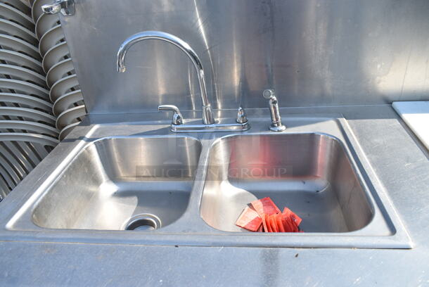 Stainless Steel 2 Bay Sink w/ Faucet, Handles, Back Splash and Under Shelf.  - Image 2 of 9