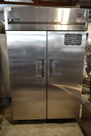 2011 True TG2R-2S Stainless Steel Commercial 2 Door Reach In Cooler w/ Poly Coated Racks on Commercial Casters. 115 Volts, 1 Phase. Tested and Working!