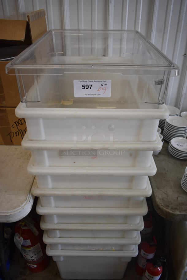 ALL ONE MONEY! Lot of 9 Poly Bins; 8 White and 1 Clear. 18x26x14.5