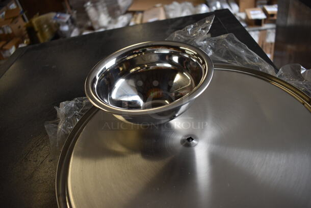 ALL ONE MONEY! Lot of 2 Stainless Steel Cake Stand Tops and 4 Stainless Steel Cake Stand Bottoms. 13x13x3.5 - Image 2 of 3