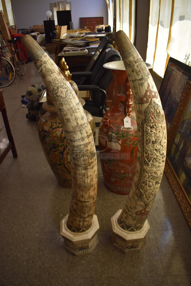 2 Carved Bone Elephant Tusk Shaped Statues. 2 Times Your Bid! - Image 2 of 10
