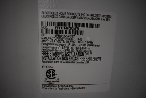 Electrolux FFFU14F2QWR Single Door Reach In Freezer. 115 Volts, 1 Phase. 30x33x62. Tested and Working! - Image 6 of 6