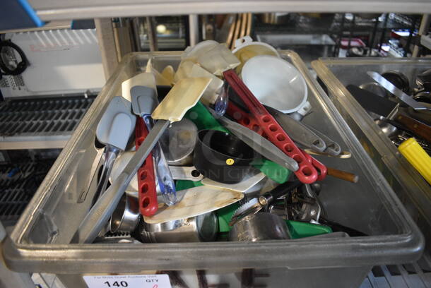 ALL ONE MONEY! Lot of Various Utensils Including Scraper Spatulas and Dry Measuring Cups in Clear Poly Bin!