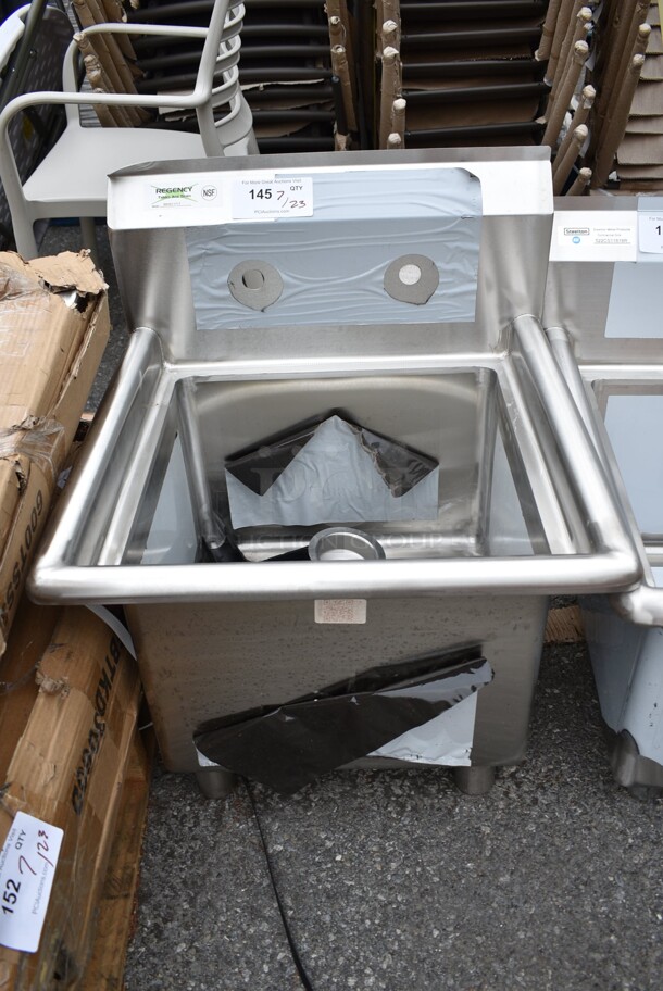 BRAND NEW SCRATCH AND DENT! Regency 600S11717 22" 16-Gauge Stainless Steel One Compartment Commercial Sink with Galvanized Steel Legs and without Drainboard - 17" x 17" x 12" Bowl. No Legs.  - Image 2 of 5