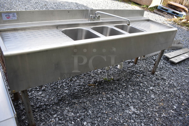 Stainless Steel Commercial 3 Bay Sink w/ Dual Drain Boards, Faucet and Handles. 72x21x29. Bays 10x13.5x8. Drain Boards 15x18x1 - Image 1 of 5