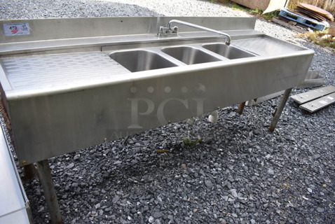 Stainless Steel Commercial 3 Bay Sink w/ Dual Drain Boards, Faucet and Handles. 72x21x29. Bays 10x13.5x8. Drain Boards 15x18x1