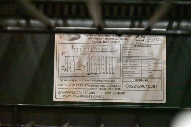 BRAND NEW SCRATCH AND DENT! Whynter BWR-1642DZ Metal Commercial Single Door Reach In 164 Bottle Dual Zone Wine Cooler Merchandiser. 120 Volts, 1 Phase. Tested and Working! - Image 8 of 8