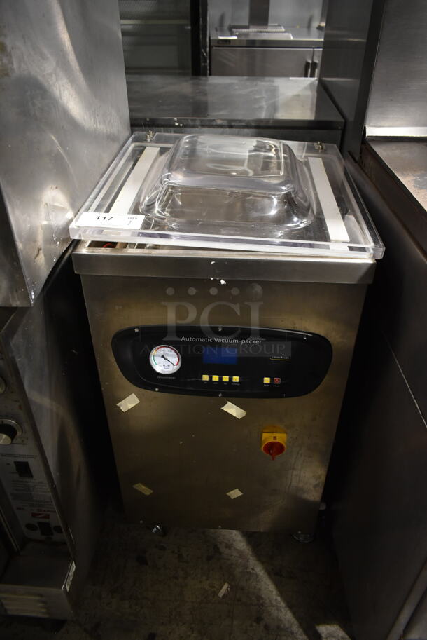 DZ-400/S Stainless Steel Commercial Floor Style Automatic Vacuum Sealer on Commercial Casters. 110 Volts, 1 Phase. Tested and Powers On But Parts Do Not Move