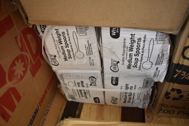 PALLET LOT of 30 BRAND NEW Boxes Including 50020W Choice 20 oz. White Poly Paper Hot Cup - 600/Case, 4 Box 130WSSPOON Choice Medium Weight White Plastic Soup Spoon - 1000/Case, 77000049 Solut 00049 6 3/4" x 5" Clear PET Smooth Wall Lid for Small Rectangle Tray - 300/Case, 346MEDCUP1Z Choice 1 oz. Disposable Polypropylene Graduated Medicine Cup - 5000/Case, 395RP10 EcoChoice Compostable Sugarcane / Bagasse 10" Plate - 500/Case, 130APPFRKSLV Visions 4" Silver Plastic Tasting Fork - 400/Case. 30 Times Your Bid!  - Image 3 of 12