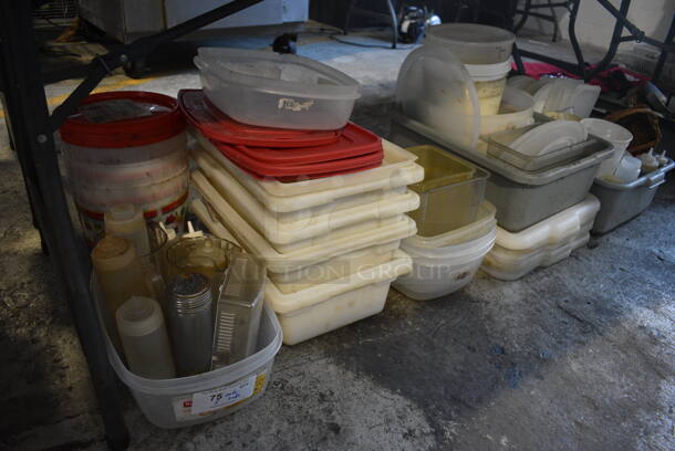 ALL ONE MONEY! Lot of Various Poly Bins, Lids, Containers, Condiment Bottles and Bus Bin!