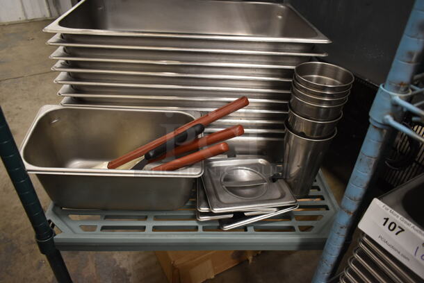ALL ONE MONEY! Lot of Various Items Including Stainless Steel 1/3 Size Drop In Bin, 1/6 Size Drop In Bin Lids, Metal Mixing Cups and Utensils - Image 1 of 5