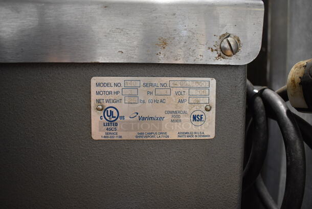 Varimixer Model W40 Metal Commercial Floor Style 40 Quart Planetary Mixer w/ Stainless Steel Bowl, Bowl Guard, Whisk and Dough Hook Attachments. 208 Volts, 3 Phase. 21x35x48 - Image 5 of 7