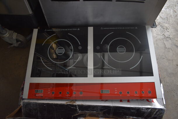 BRAND NEW IN BOX! 2021 Avantco Model DIC35K Stainless Steel Commercial Countertop Electric Powered 2 Burner Induction Range. 120 Volts, 1 Phase. 26x15.5x3