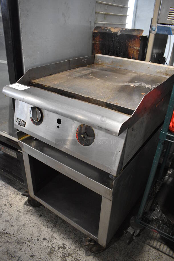 APW Wyott Stainless Steel Commercial Countertop Natural Gas Powered Flat Top Griddle on Stainless Steel Commercial Equipment Stand on Commercial Casters. 24x34x38 - Image 2 of 5