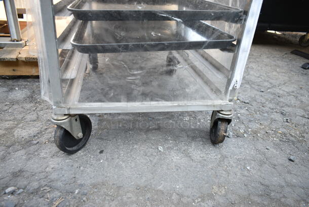 Metal Commercial Pan Transport Rack on Commercial Casters w/ Black Pans and Clear Cover.  - Image 3 of 6