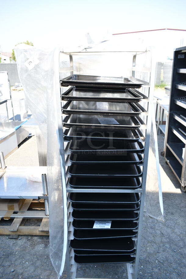 Metal Commercial Pan Transport Rack on Commercial Casters w/ Black Pans and Clear Cover.  - Image 4 of 6