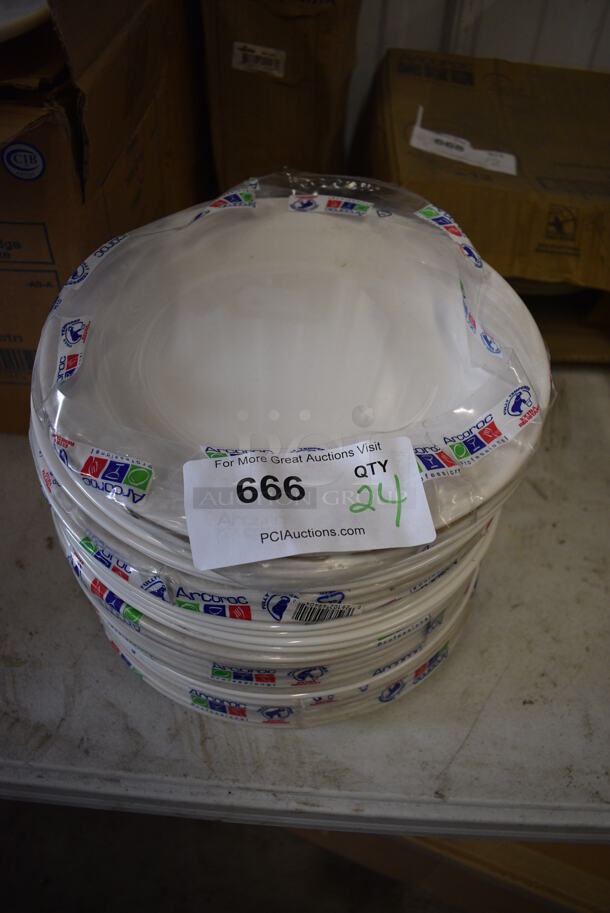 24 BRAND NEW! Arcoroc White Ceramic Plates. 10.5x10.5x1. 24 Times Your Bid!