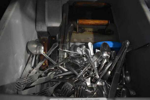 ALL ONE MONEY! Lot of Spatulas, Bacon Presses and Forks in Gray Poly Bus Bin - Image 2 of 5