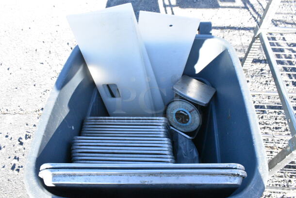 Rubbermaid Gray Poly Trash Can w/ Contents Including Metal Baking Pans.  - Image 2 of 4