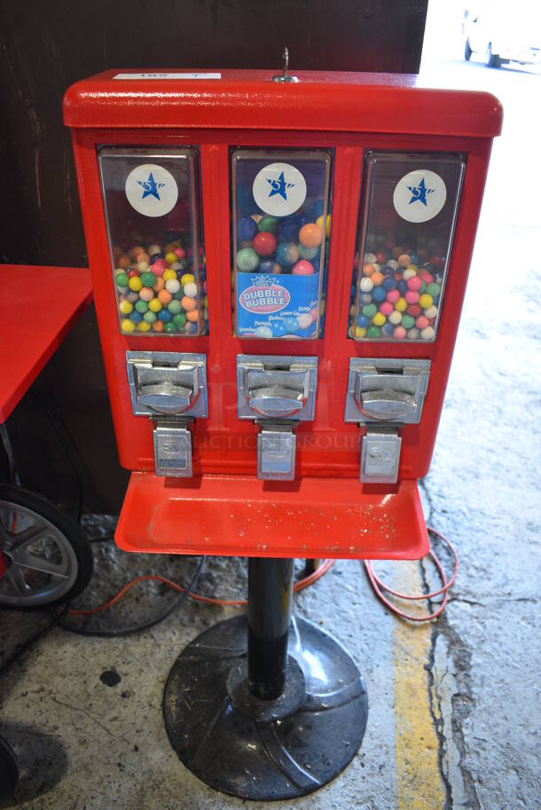 Red Metal Floor Style 3 Well Coin Operated Gum Vending Machine. Comes w/ Key. 16x16x43