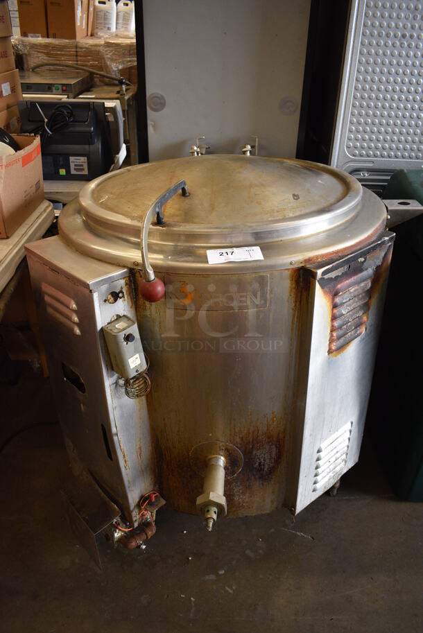 Groen Model EE-40 Stainless Steel Commercial Floor Style Natural Gas Powered 40 Gallon Steam Kettle. 38x40x40