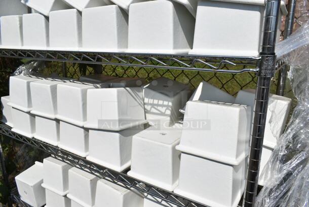 Chrome Finish 5 Tier Shelving Unit on Commercial Casters w/ Contents Including White Poly Bins. BUYER MUST DISMANTLE. PCI CANNOT DISMANTLE FOR SHIPPING. PLEASE CONSIDER FREIGHT CHARGES.  - Image 4 of 12