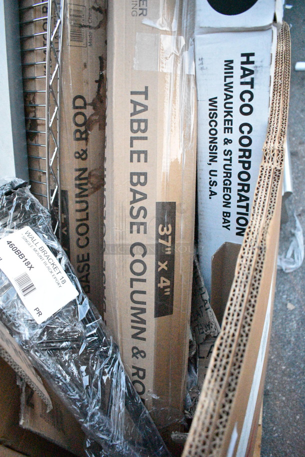 PALLET LOT of 20 BRAND NEW Items Including 2 Box 600PR1820Z Regency 20 Pan End Load Nesting Bun / Sheet Pan Rack - Unassembled, 460BB18X Regency Wall Mounting Bracket for Black Epoxy Wire Shelving, 2 Box 5583888, 3 Box 164TCOLRD437 Lancaster Table & Seating 37 1/2" x 4" Bar Height Table Base Column and Rod, 600WT30X30SS Regency 30" x 30" 16-Gauge 304 Stainless Steel Commercial Open Base Work Table, 600TS3036S Regency 30" x 36" 16-Gauge 304 Stainless Steel Commercial Work Table with Undershelf, 600TS1860S Regency 18" x 60" 16-Gauge 304 Stainless Steel Commercial Work Table with Undershelf. 20 Times Your Bid! - Image 3 of 10