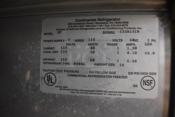 Continental 2F Stainless Steel Commercial 2 Door Reach In Freezer on Commercial Casters. Unit Does Not Come w/ Compressor. 115 Volts, 1 Phase. 52x36x71 - Image 6 of 7