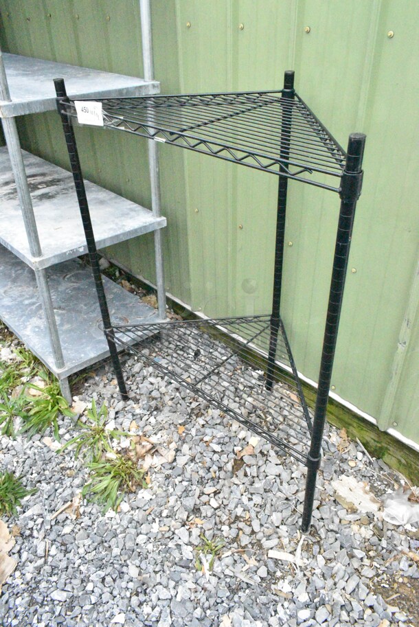 Black Finish 2 Tier Corner Wire Shelving Unit. BUYER MUST DISMANTLE. PCI CANNOT DISMANTLE FOR SHIPPING. PLEASE CONSIDER FREIGHT CHARGES. - Image 1 of 3