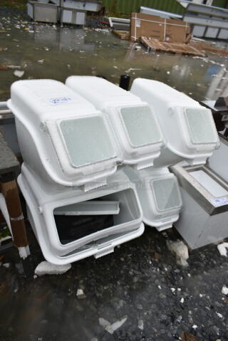 5 BRAND NEW SCRATCH AND DENT! Various White Poly Ingredient Bins. Includes 11x23.5x18, 21.5x24x18. 5 Times Your Bid! 