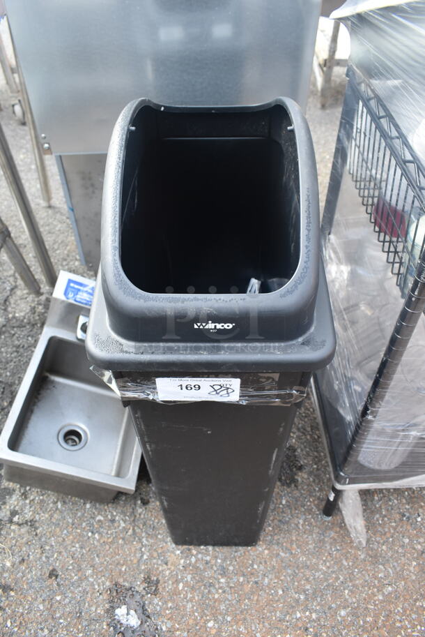 Winco Black Poly Slim Jim Trash Can w/ Lid. Missing Swinging Lid Piece. - Image 1 of 4