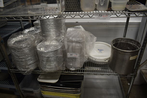ALL ONE MONEY! Tier Lot of Various Items Including Disposable Aluminum Round Pans and Stainless Steel Cylindrical Bin.  - Image 1 of 4