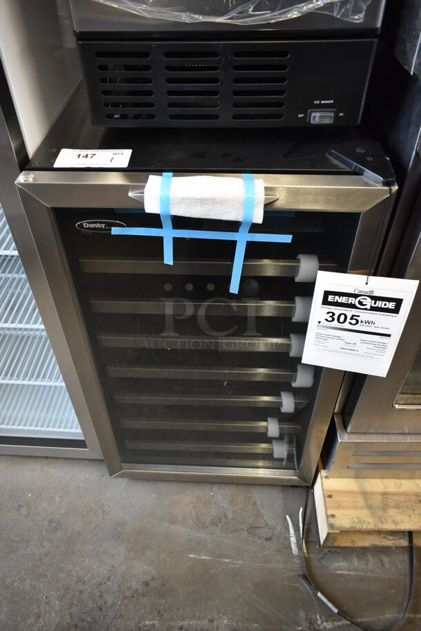 BRAND NEW SCRATCH AND DENT! Danby Designer Series DWC458BLS 20 Inch Wine Cellar with 45 Bottle Capacity, 7 Slide-Out Wooden Racks, Blue LED Lighting and Tempered Glass Door. 115 Volts, 1 Phase. Tested and Working! - Image 1 of 6
