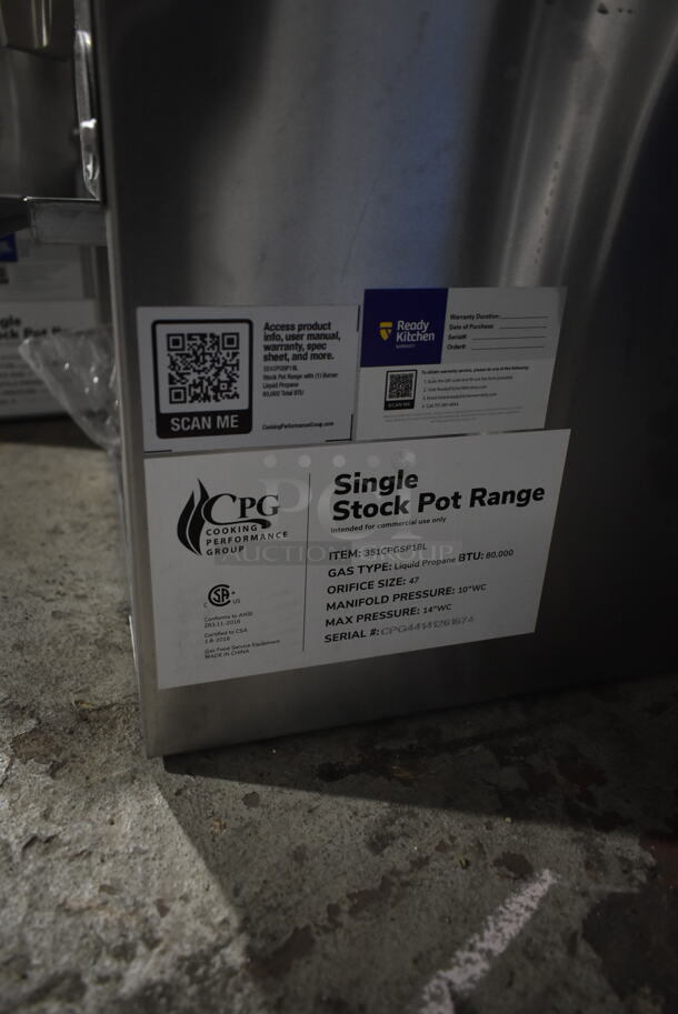 BRAND NEW SCRATCH AND DENT! Cooking Performance Group CPG 351CPGSP18L Stainless Steel Commercial Countertop Propane Gas Powered Single Burner Stock Pot Range. 80,000 BTU.  - Image 4 of 4