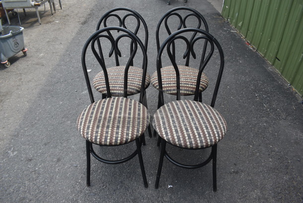 4 Black Scroll Back Chairs With Striped Cushioned Seats. 4 Times Your Bid. Cosmetic Condition May Vary.