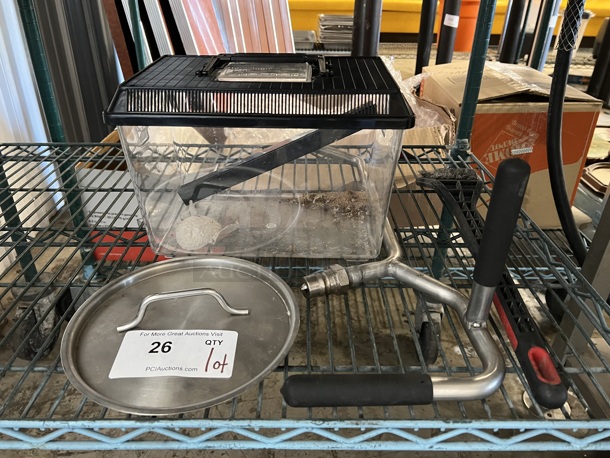 ALL ONE MONEY! Lot of 4 Items; Cricket / Hermit Crab Cage, Round Lid, Metal Piece and Grill Brush!