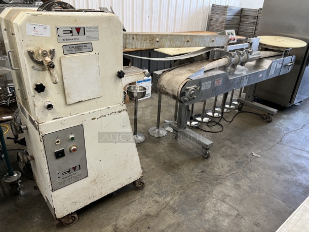 Esmach Metal Commercial Floor Style Bagel Dough Rounder Divider Former Maker on Commercial Casters. 220 Volts, 1 Phase. 72x20x56, 84x25x48