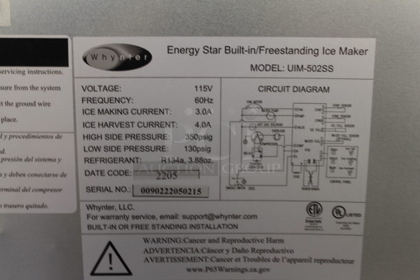 BRAND NEW SCRATCH AND DENT! Whynter UIM-502SS Stainless Steel Commercial Built-in / Freestanding Maker-50lb Capacity Clear Cube Ice Maker. 115 Volts, 1 Phase. Tested and Working! - Image 7 of 7