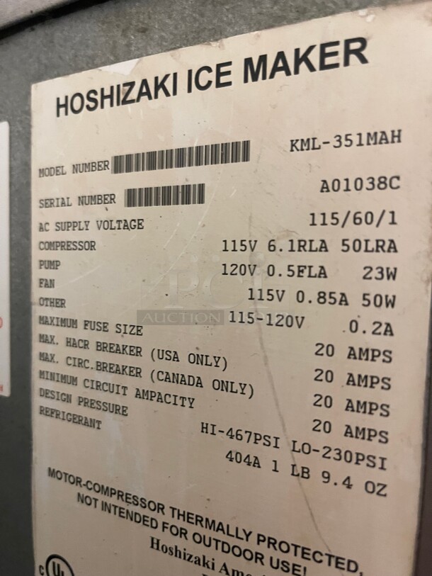 Working! Hoshizaki KML-351-MAH 400 Lb per Day Commercial Ice Machine Maker With Ice Bin 115 Volt NSF Tested and Working! - Image 9 of 10