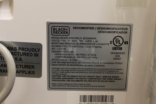 BRAND NEW SCRATCH AND DENT! Black & Decker BD22MWSA 22 pint 1500 sq. ft. Dehumidifier. 115 Volts, 1 Phase. Tested and Working! - Image 5 of 6