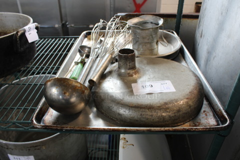 ALL ONE MONEY! Lot of Various Items Including Whisks, Meat Grinder Tray and Metal Baking Pan!