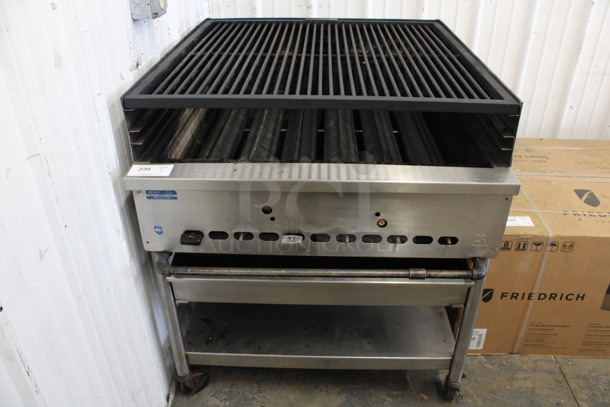 Stainless Steel Commercial Floor Style Natural Gas Powered Charbroiler Grill w/ Under Shelf on Commercial Casters. 36x42x40.5