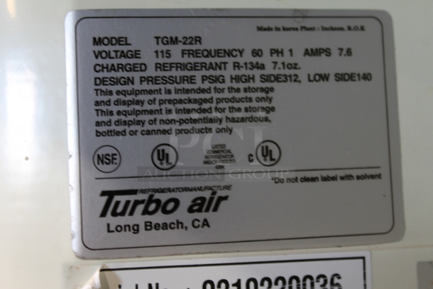 Turbo Air TGM-22R Metal Commercial Single Door Reach In Cooler Merchandiser w/ Poly Coated Racks. 115 Volts, 1 Phase. Tested and Powers On But Does Not Get Cold - Image 4 of 7