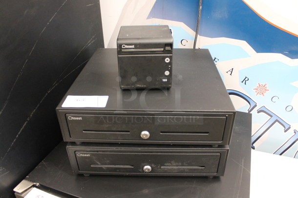 ALL ONE MONEY! Lot of 2 Toast Black Metal Cash Drawers and Toast TP20 Receipt Printer