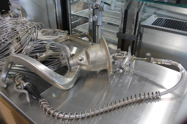 ALL ONE MONEY! Lot of Mixer Attachments Including Variety of Whisks, Dough Hooks, Paddles, Donut Fryer Arm, Faucet with Gooseneck AND MORE! Attachments are for 20, 30, 60 and 80 Quart Mixers - Image 4 of 5