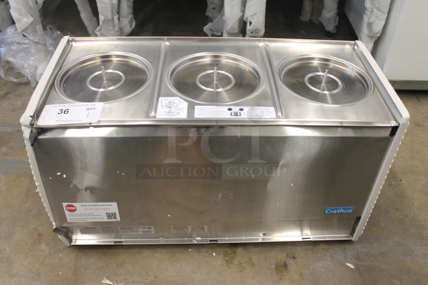 BRAND NEW SCRATCH AND DENT! Crathco D35-4 Stainless Steel Commercial Countertop 3 Hopper Refrigerated Beverage Machine Base. 115 Volts, 1 Phase. Tested and Working! - Image 1 of 6