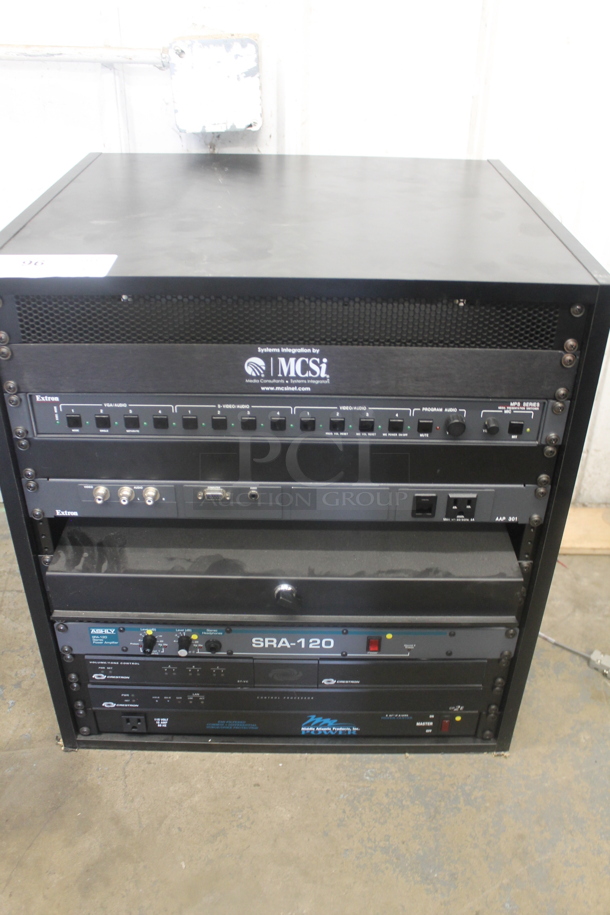 6 Electronic Rack Units in Black Metal Cabinet; Middleby Atlantic Power Center, Crestron Control Processor, Crestron Volume Tone Control, Ashly SRA-120 Power Amplifier, Extron AAP 301 Interface Extron Media Presentation Switcher. 6 Times Your Bid!   - Image 2 of 12