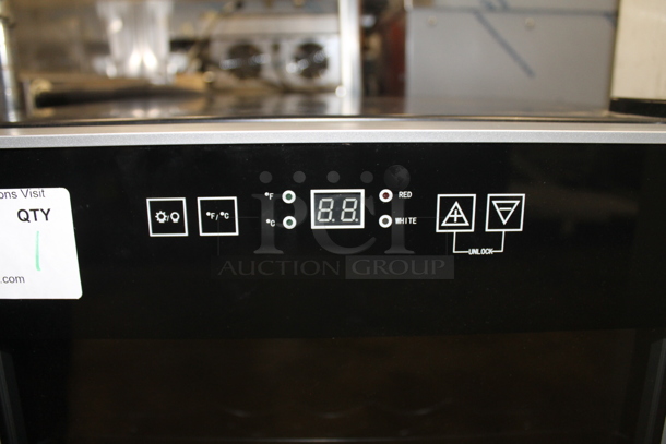 BRAND NEW SCRATCH AND DENT! Avanti WC24T2P Commercial Stainless Steel Freestanding Glass Door Wine Chiller With Polycoated Shelves And Black Cabinet On Commercial Casters. 115V. Tested And Working!  - Image 2 of 8